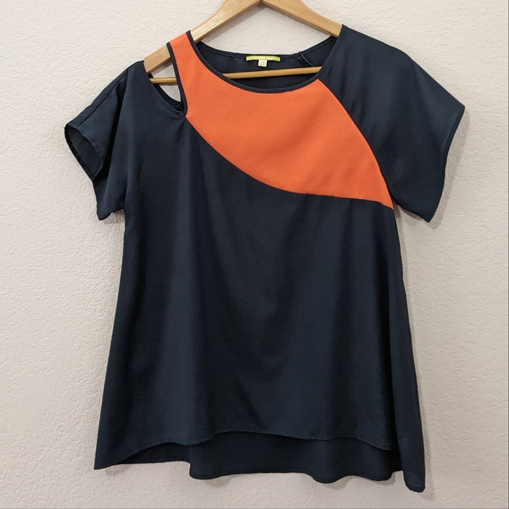 Gianni Bini Cutout Short Sleeve Top, Navy Blue & Orange, Size XS